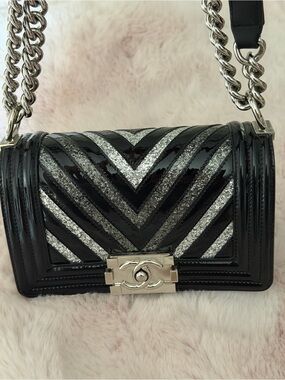 CHANEL Black & Silver Chevron Patent Glitter PVC Small Boy Bag Silver HDW
